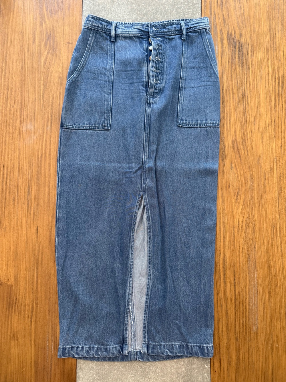 High-Rise Blue Denim Maxi Skirt with Front Slit